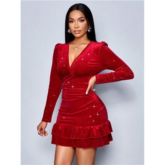 Mature And Sexy Dress For Women, Deep V Design, Ruffled Christmas Style - Picture 5 of 6